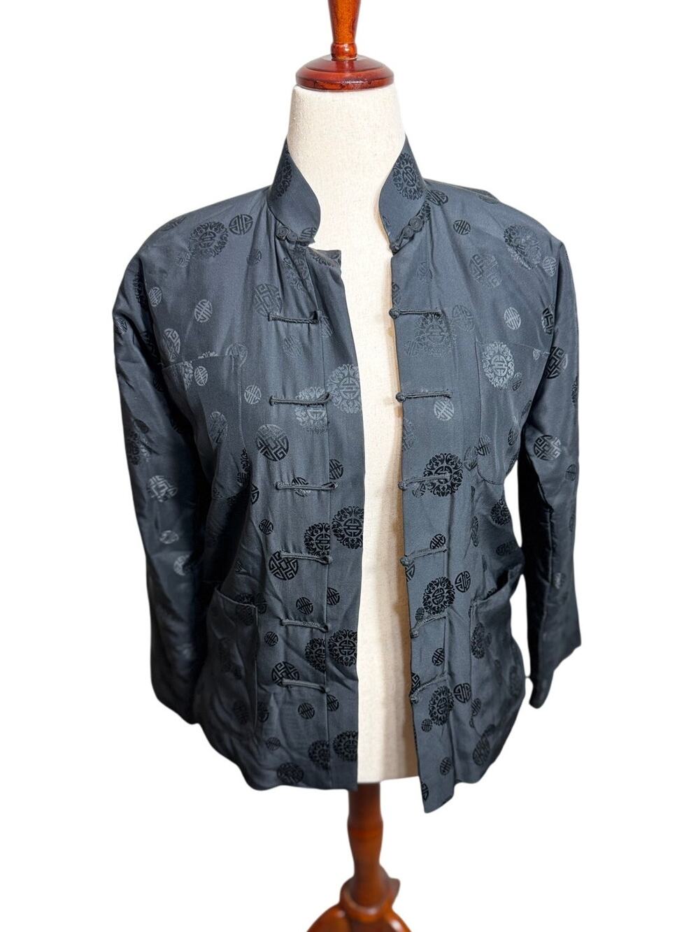 Vintage black camel wool Chinese style jacket Asian print frog closures Sz S